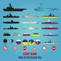 A set of icons of ships, naval mines and anti-war signs painted in the colors of the flags of Russia and Ukraine. Lettering No war