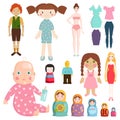 Set icons small girls dolls playing with toys handmade happy children character and game gift dolly cute play baby