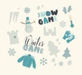 Set of Icons Snow Fun and Winter Games Theme. Snowman, Fir Tree and Ice Tower, Warm Clothes, Snowflakes and Icicles