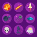 A set of icons on a space science theme for the design of a UFO telescope planet alien rocket flat vector illustration Royalty Free Stock Photo