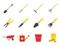 A set of icons. Spring, garden tools, rake, boots, bucket, watering can, wheelbarrow, shovel. Color flat cartoon vector Royalty Free Stock Photo