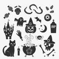 Set of icons stickers for halloween. characters jack lamp, skull, witch`s cauldron, black cat, eyes, worms, monster hand, bat Royalty Free Stock Photo