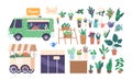 Set of Icons Street Flower Shop Booth, Bus and Florist Store Facade. Isolated Bouquets, Plants, Design Compositions