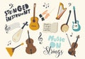 Set Icons Stringed Instruments Theme. Dombra, Banjo, Acoustic or Electric Guitars, Balalaika, Cello or Violin with Notes