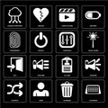 Set of Calendar, Garbage, Shuffle, Id card, Exit, Controls, Fingerprint, Video player, Cloud computing icons Royalty Free Stock Photo