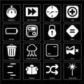 Set of Magic wand, Shuffle, Lines, Frame, Garbage, Locked, Battery, Clock, Stopwatch icons