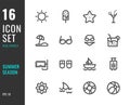 Set of 16 icons summer season thin line style Royalty Free Stock Photo