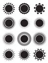 Set of icons of suns with different rays.