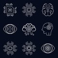 Set of 9 icons, symbols for AI concept vector, illustration design. Nine artificial intelligent icons on dark background