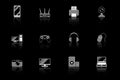 Set of 12 icons, symbols and images of digital and computer technology, gadgets on black background with mirror reflection effect Royalty Free Stock Photo