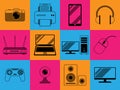 Set of 12 icons, symbols and images of digital and computer technology, gadgets in retro style. Vector horizontal orientation Royalty Free Stock Photo