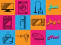 Set of 9 icons, symbols and images of household appliances in retro style. Caption Just Buy It Now. Vector horizontal orientation Royalty Free Stock Photo