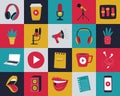 Set of icons, symbols of an online podcast, radio show, broadcast. Microphones, laptop, megaphone, talking mouth. Can be used as a