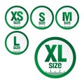 set icons symbols size clothing, literal measurement standard clothing size from big to small xs xl sticker, vector template label Royalty Free Stock Photo