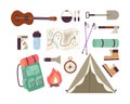 Set icons or symbols of tourism and camping, flat vector illustration isolated.