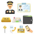 Set of icons about the taxi. A call taxi driver, Parking. Transportation around the city.Taxi icon in set collection on