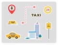 Set of icons for a taxi. car, home, signs, labels with strokes. flat design