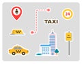 Set of icons for a taxi. car, home, signs, labels with strokes. flat design.