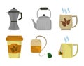 Set icons of tea cups pots organic herbs and teabag