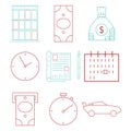 Set icons on the theme of finance and business. Vector illustration notebook, pen, money bag, dollar sign, banknote Royalty Free Stock Photo