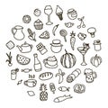 Set of 55 icons on the theme of food, different dishes and cuisines. Royalty Free Stock Photo