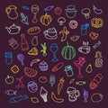 Set of 55 icons on the theme of food, different dishes and cuisines