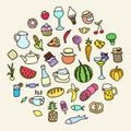 Set icons on the theme of food, different dishes and cuisines. Royalty Free Stock Photo