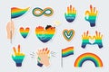 Set of icons on a theme the LGBTQ. Various rainbow symbols - rainbow, hands, flags, hearts. Gay Pride Month. All