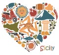 Set of icons on a theme of Sicily in the form of a heart Royalty Free Stock Photo