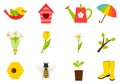 A set of icons on the theme of spring, summer. Insects, birds, tulips, weather, birdhouse. Color vector illustrations in Royalty Free Stock Photo