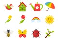 A set of icons on the theme of spring, summer. Insects, birds, tulips, weather, birdhouse.Color vector illustrations in Royalty Free Stock Photo