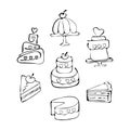 Set of icons tiered birthday cake, piece of cake, sweets. Continuous line drawing. Symbol of celebration. Wedding cake. Hand drawn Royalty Free Stock Photo