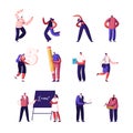 Set of Icons Tiny Characters Dancing, Sports Workout, Students Study Mathematics in University, Businessman and Artist