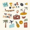 Set of Icons Tour Operator Theme. Luggage, Suitcase, Airplane and Palm Trees, Pineapple, Foreign Passport and Wold Map Royalty Free Stock Photo