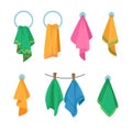 Set of Icons Towels Hanging on Hook, Ring and Rope. Colorful Stylish Bath and Kitchen Fabric, Folded Fluffy Textile Royalty Free Stock Photo