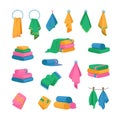 Set of Icons Towels Hanging on Hook, Ring and Rope, Stacked in Piles. Bath and Kitchen Fabric, Folded Cloth or Textile