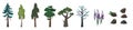 Set of icons of trees birch, oak, spruce and stone Royalty Free Stock Photo