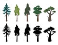 Set of icons of trees birch, oak, spruce and their silhouette Royalty Free Stock Photo