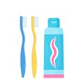 Set of icons of a tube of toothpaste and two toothbrushes. vector template illustration