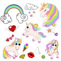 A set of icons of unicorns, stars, ice cream, rainbow, clouds with curls, lips in a kiss, ice cream in a horn and diamonds.
