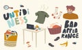 Set of Icons Untidiness, Bad Appearance Theme. Dirty Clothes with Stains, Basket with Linen, Pile of Apparel for Laundry Royalty Free Stock Photo