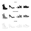 A set of icons on a variety of shoes.Different shoes single icon in black,monochrome,outline style vector web symbol