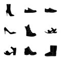 A set of icons on a variety of shoes.Different shoes single icon in black style vector symbol stock illustration.