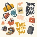 Set of Icons Various Bags Theme. Accessories Collection, Suitcase, Luggage or Baggage for Tourist Travel, Reticule