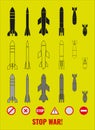 Set of icons of various bombs, missiles and signs of anti-war symbols. Constructor. The inscription STOP WAR! Illustration