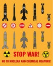 A set of icons of various bombs, rockets and signs of anti-war symbols. Constructor. The inscription STOP WAR! NO TO NUCLEAR AND