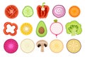 Set of Icons Vegetable Slices Tomato, Cucumber, Corn and Bell Pepper with Avocado and Onion. Carrot, Radish and Broccoli Royalty Free Stock Photo