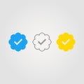 Set of icons of a verified user of social networks. The blue and gold signs are filled in, the gray is outlined. The checkmark