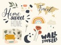 Set Icons Wall Stickers Theme. Decorative Ornamental Paper Elements for Home Design, Flowers, Tree Leaves and Typography Royalty Free Stock Photo