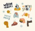 Set of Icons Warm Clothing Theme. Clew and Knitting Needles with Young Woman Wearing Warm Hat and Scarf. Winter Mood Royalty Free Stock Photo